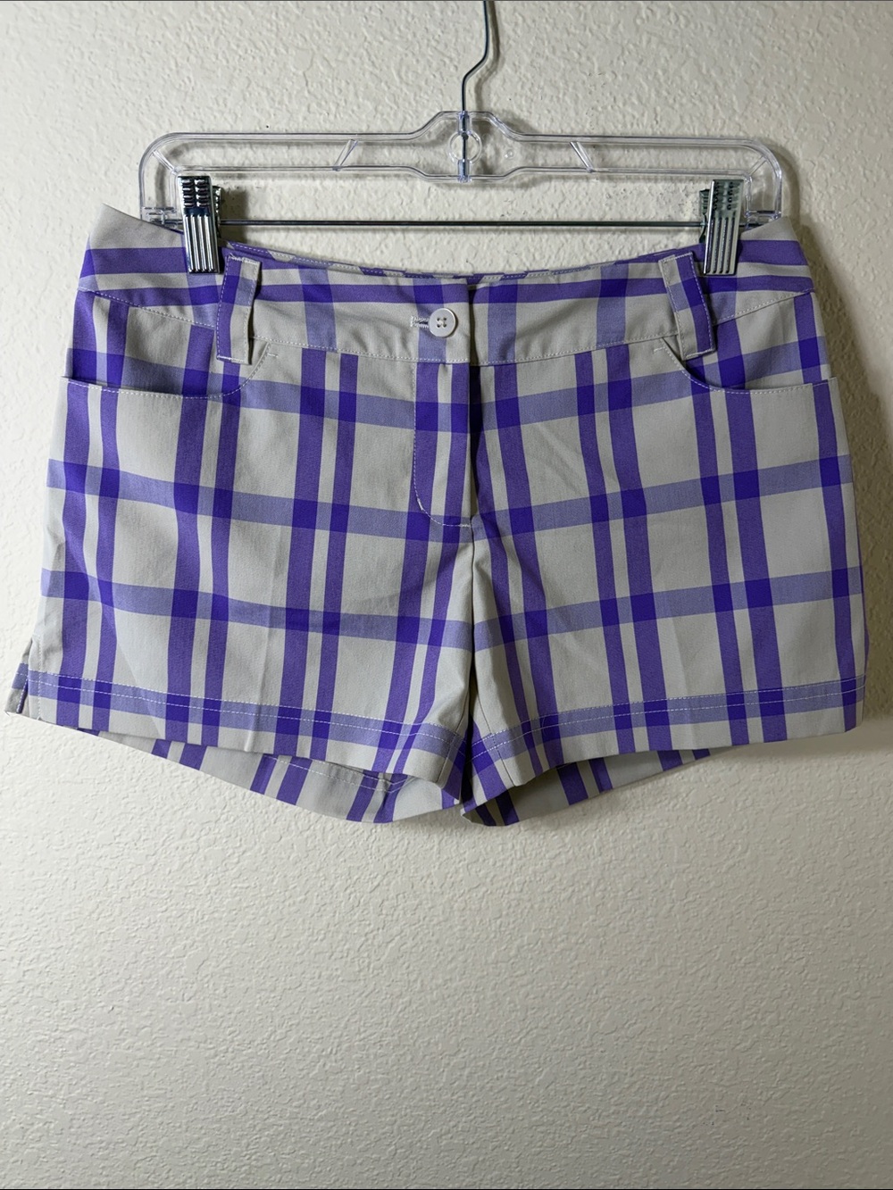 Adidas Women's Plaid Golf Shorts Purple Grey Check Flat Front Athletic Size 2